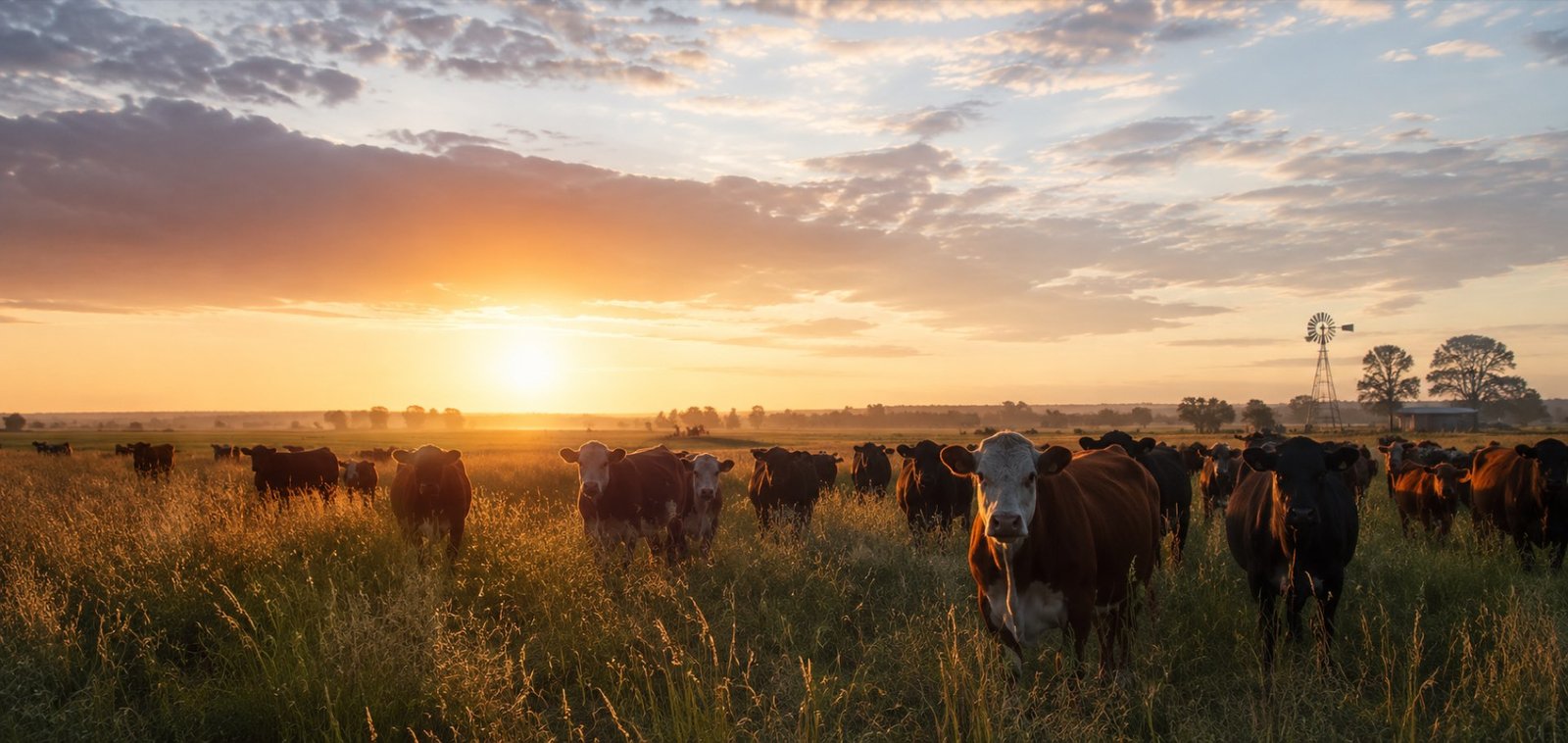 Ganado en el campo al amanecer